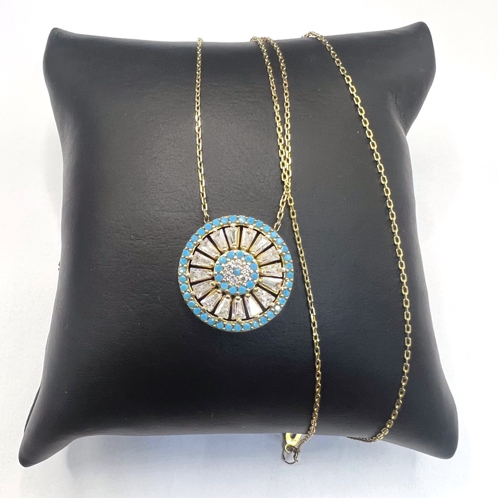 Gold Over 925 Sterling Silver Round Sunburst Halo Turquoise Pendant Necklace 18”